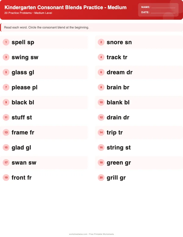 Kindergarten Consonant Blends Worksheets - Christmas Theme (Medium)