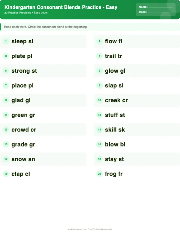 Kindergarten Consonant Blends Worksheets - Dinosaur Theme (Easy)