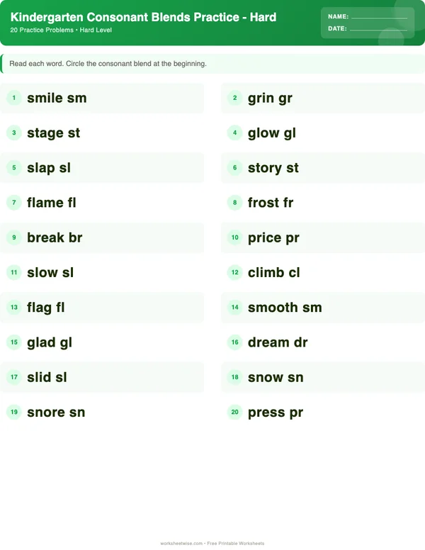 Kindergarten Consonant Blends Worksheets - Dinosaur Theme (Hard)