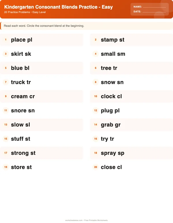 Kindergarten Consonant Blends Worksheets - Halloween Theme (Easy)