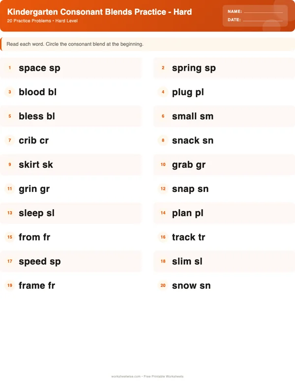 Kindergarten Consonant Blends Worksheets - Halloween Theme (Hard)