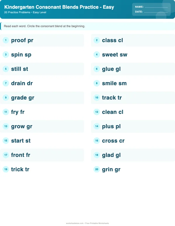 Kindergarten Consonant Blends Worksheets - Ocean Theme (Easy)