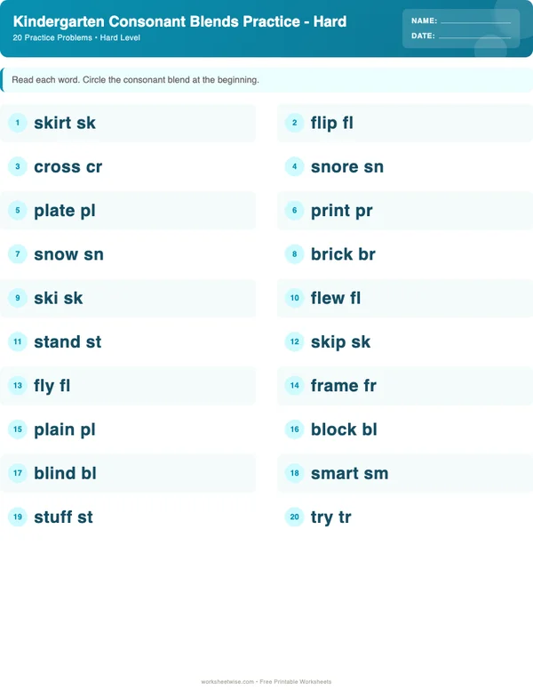 Kindergarten Consonant Blends Worksheets - Ocean Theme (Hard)