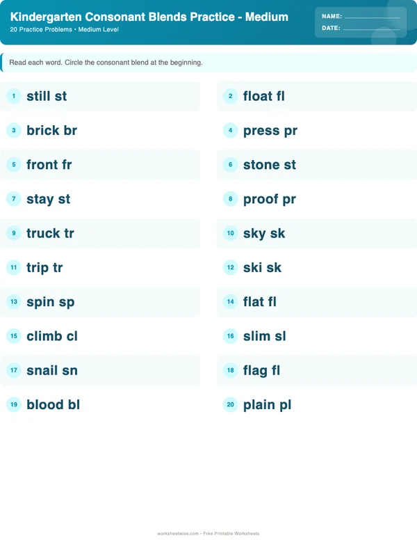 Kindergarten Consonant Blends Worksheets - Ocean Theme (Medium)