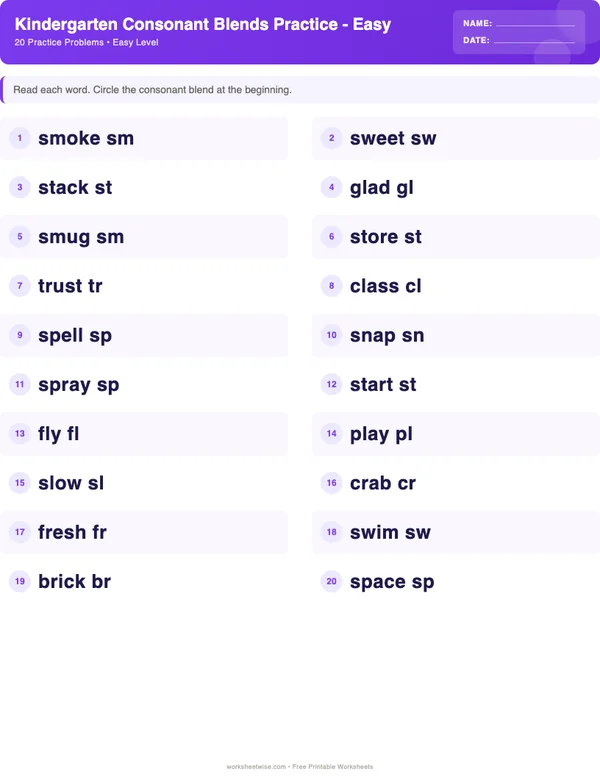 Kindergarten Consonant Blends Worksheets - Space Theme (Easy)