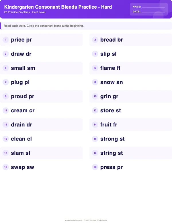 Kindergarten Consonant Blends Worksheets - Space Theme (Hard)