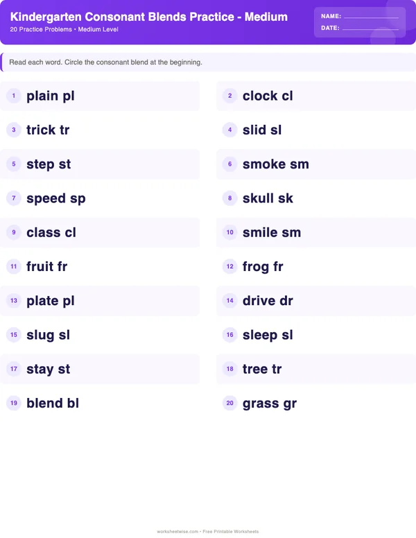 Kindergarten Consonant Blends Worksheets - Space Theme (Medium)