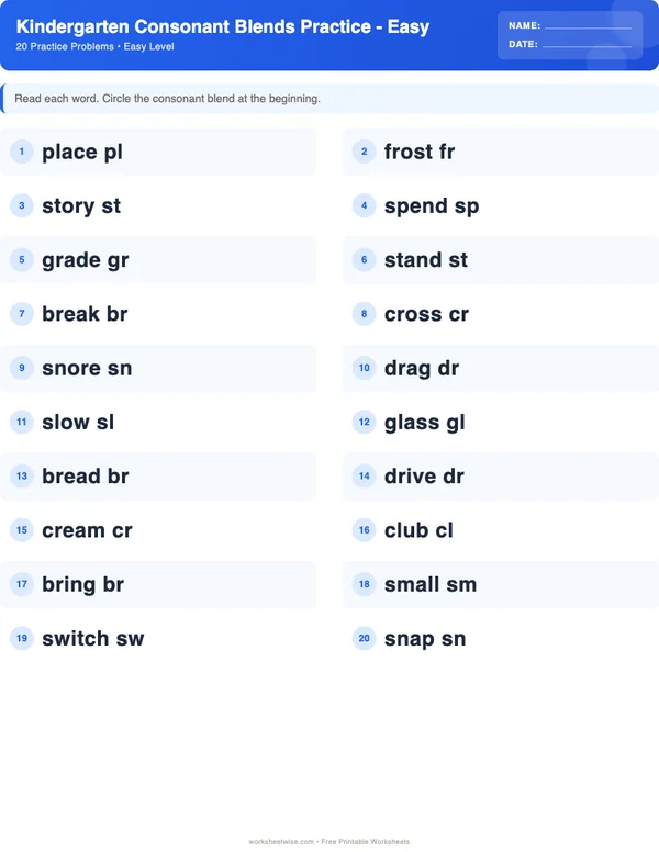Kindergarten Consonant Blends Worksheets - Standard Theme (Easy)