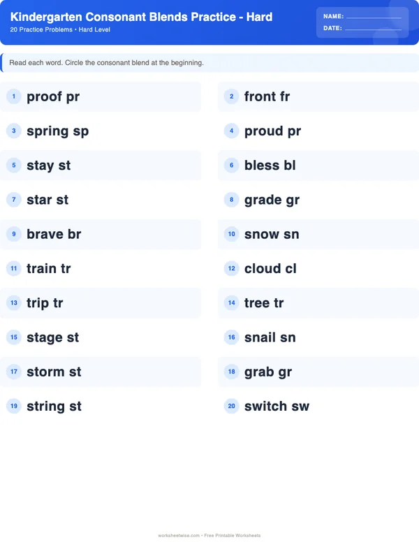 Kindergarten Consonant Blends Worksheets - Standard Theme (Hard)