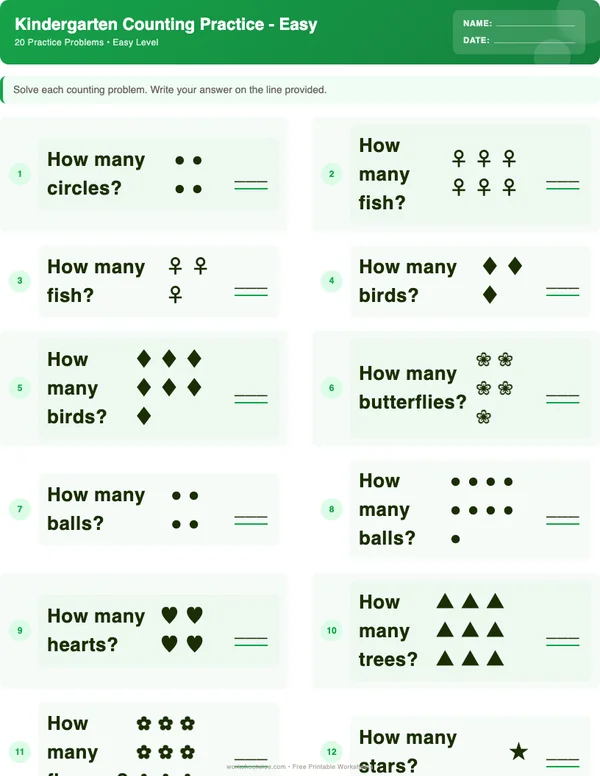 Kindergarten Counting Worksheets - Dinosaur Theme (Easy)