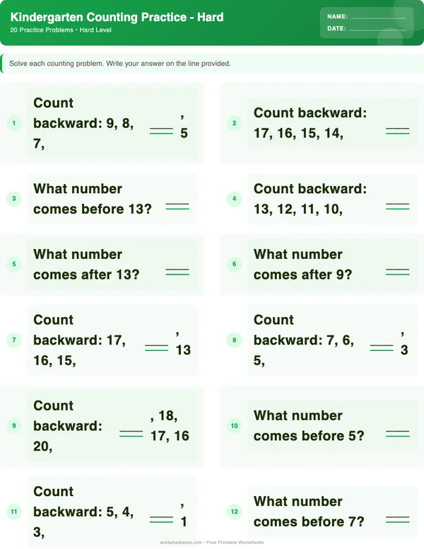 Kindergarten Counting Worksheets - Dinosaur Theme (Hard)