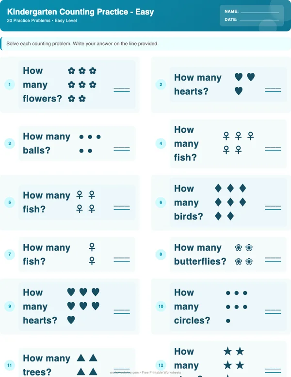 Kindergarten Counting Worksheets - Ocean Theme (Easy)