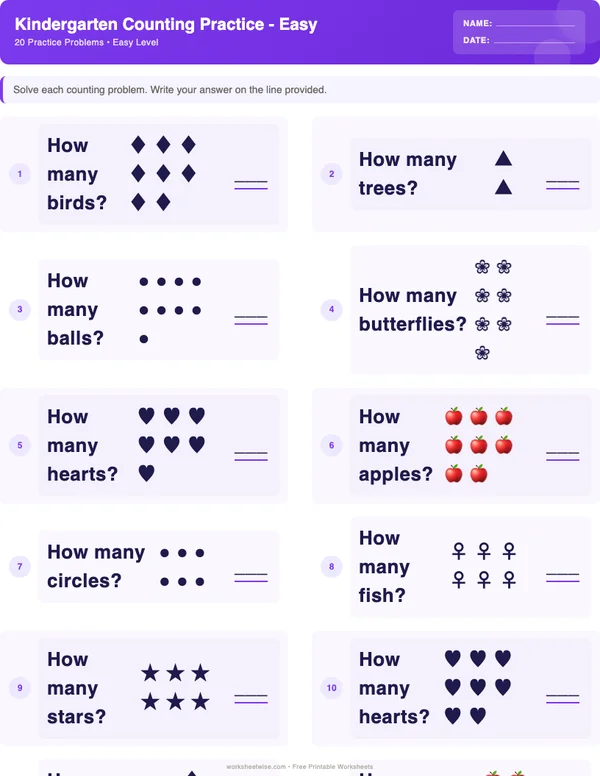 Kindergarten Counting Worksheets - Space Theme (Easy)