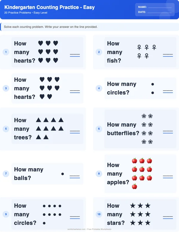 Kindergarten Counting Worksheets - Standard Theme (Easy)