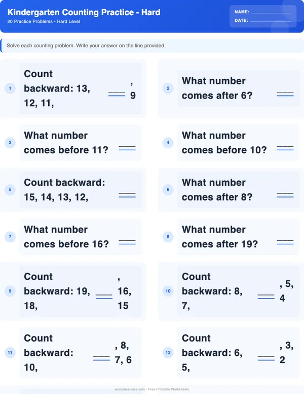 Kindergarten Counting Worksheets - Standard Theme (Hard)