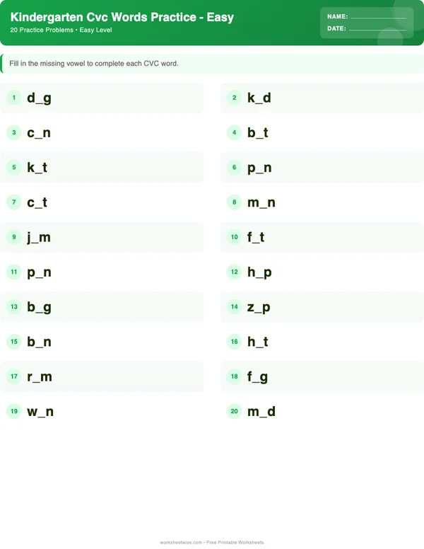 Kindergarten CVC Words Worksheets - Dinosaur Theme (Easy)