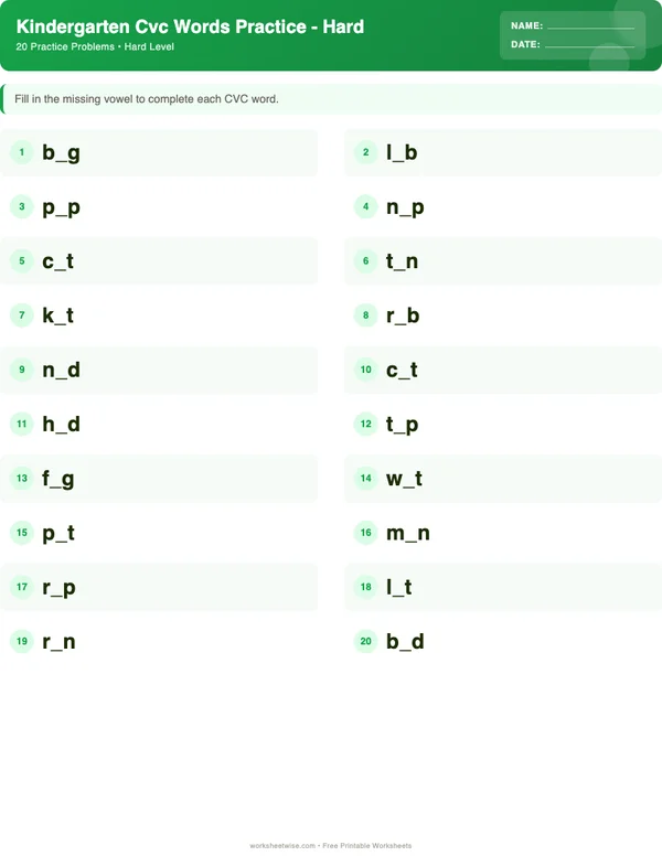 Kindergarten CVC Words Worksheets - Dinosaur Theme (Hard)