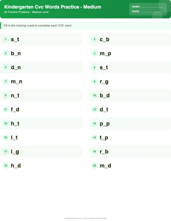 Kindergarten CVC Words Worksheets - Dinosaur Theme (Medium)