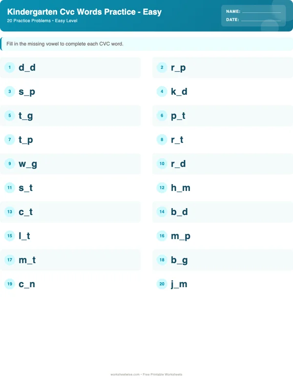 Kindergarten CVC Words Worksheets - Ocean Theme (Easy)