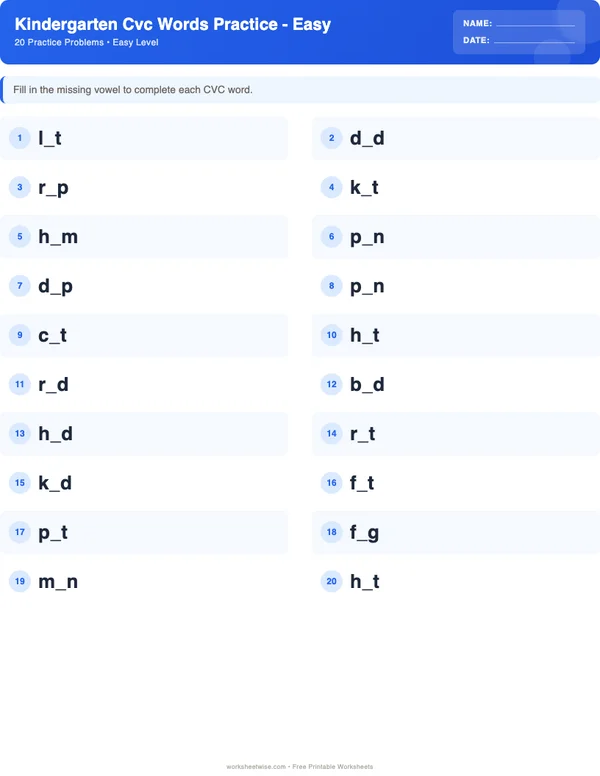 Kindergarten CVC Words Worksheets - Standard Theme (Easy)