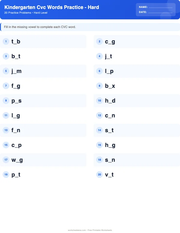 Kindergarten CVC Words Worksheets - Standard Theme (Hard)