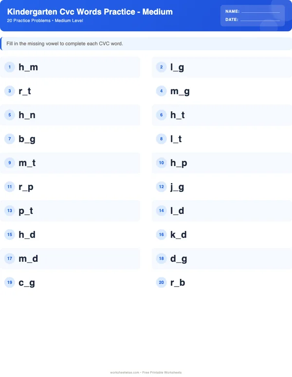 Kindergarten CVC Words Worksheets - Standard Theme (Medium)