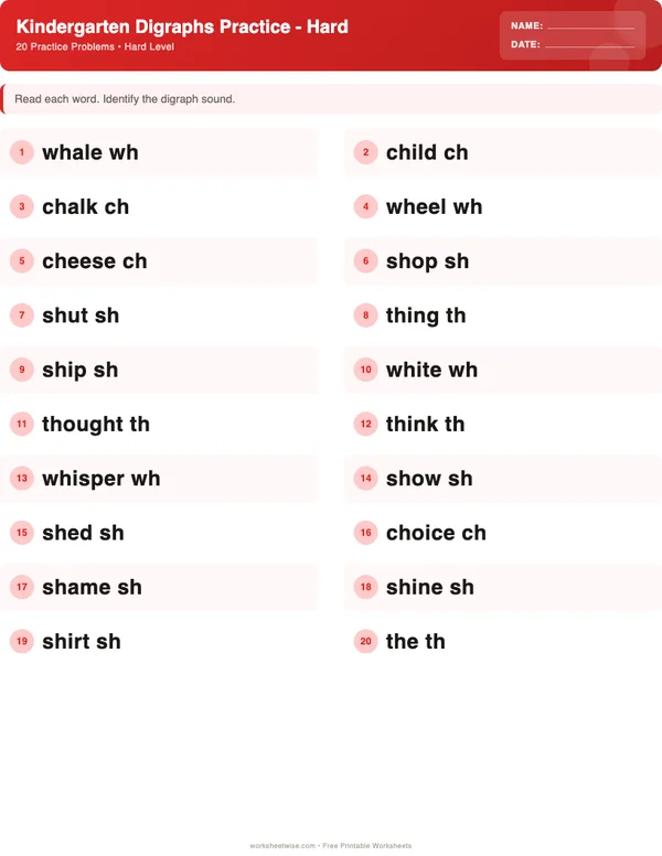 Kindergarten Digraphs Worksheets - Christmas Theme (Hard)