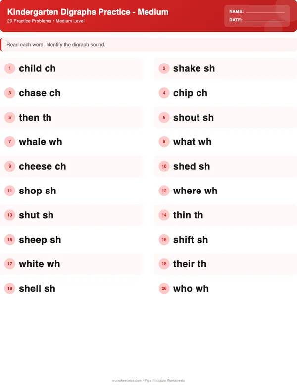 Kindergarten Digraphs Worksheets - Christmas Theme (Medium)