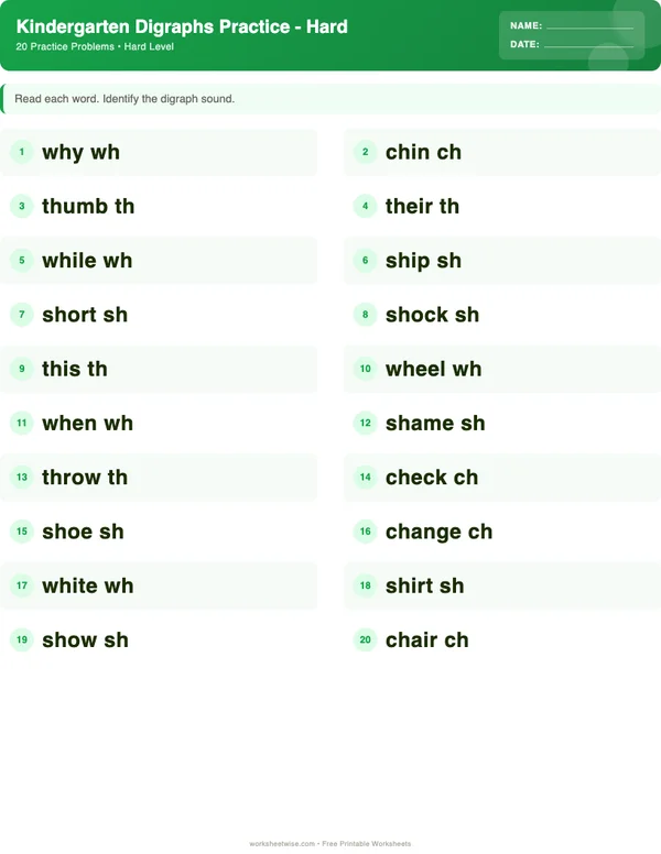 Kindergarten Digraphs Worksheets - Dinosaur Theme (Hard)