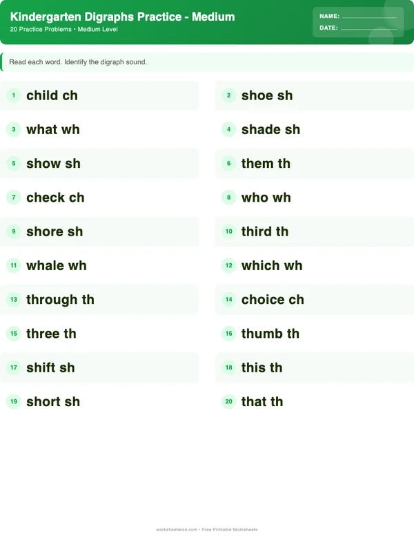 Kindergarten Digraphs Worksheets - Dinosaur Theme (Medium)