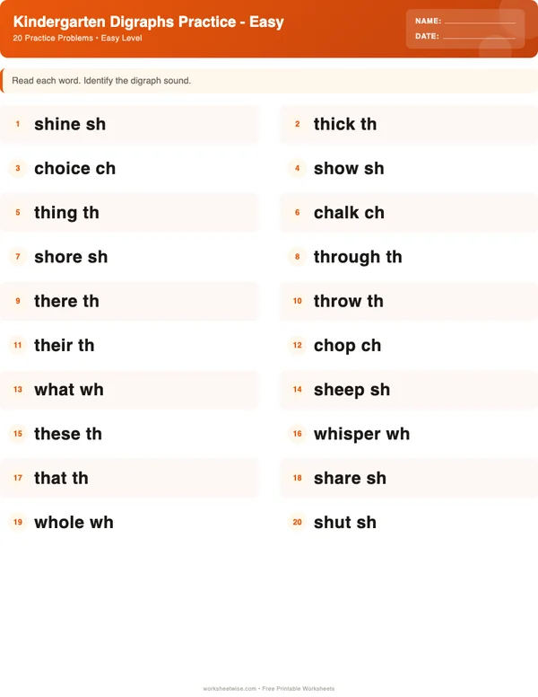 Kindergarten Digraphs Worksheets - Halloween Theme (Easy)
