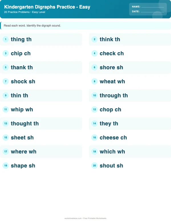 Kindergarten Digraphs Worksheets - Ocean Theme (Easy)