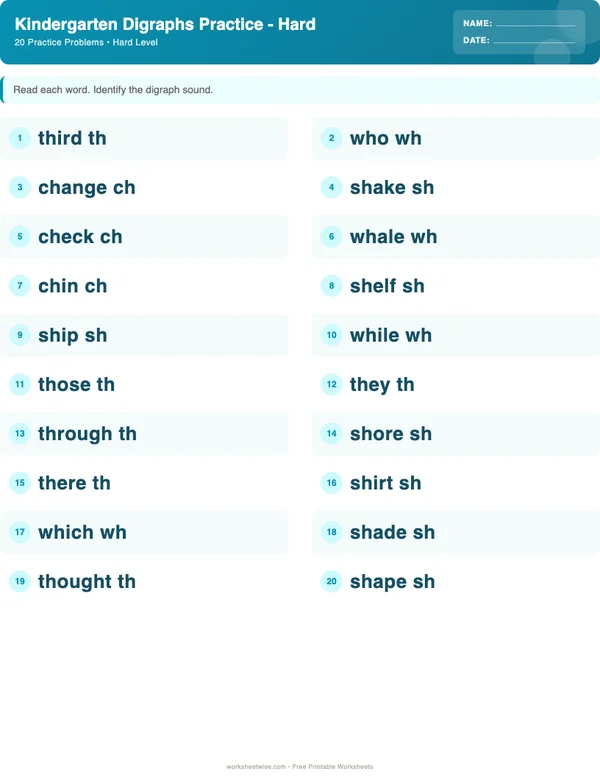 Kindergarten Digraphs Worksheets - Ocean Theme (Hard)