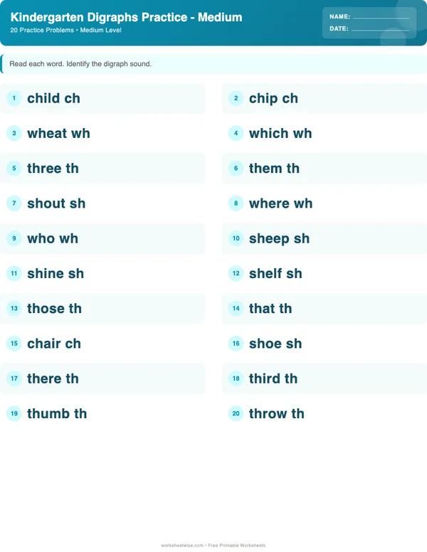 Kindergarten Digraphs Worksheets - Ocean Theme (Medium)