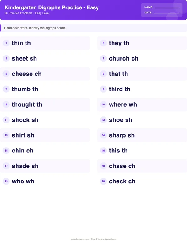 Kindergarten Digraphs Worksheets - Space Theme (Easy)