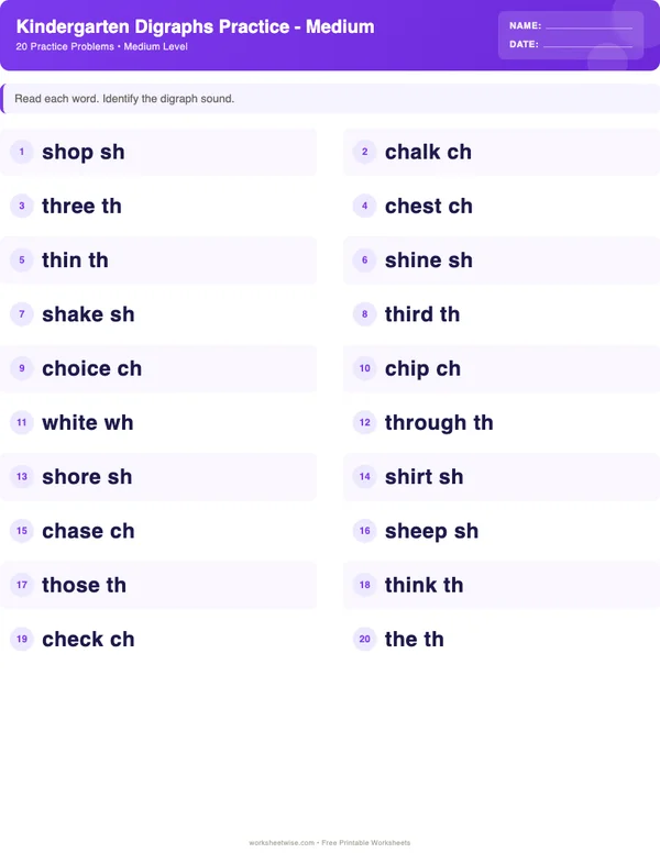 Kindergarten Digraphs Worksheets - Space Theme (Medium)