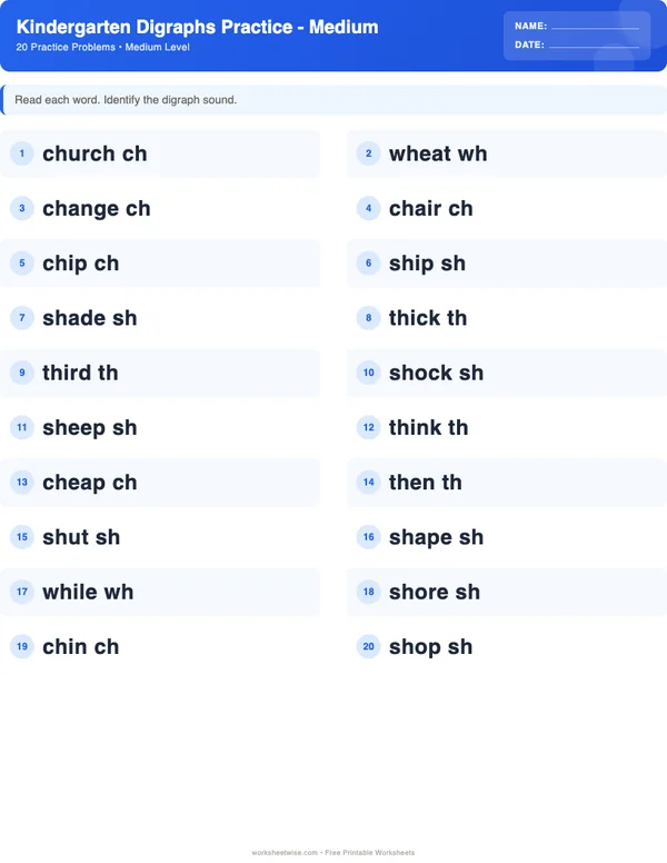 Kindergarten Digraphs Worksheets - Standard Theme (Medium)