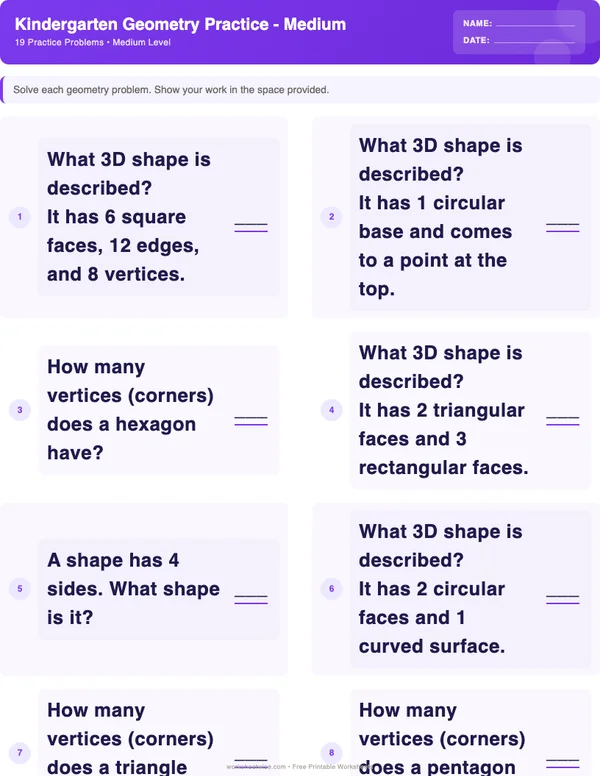 Kindergarten Geometry Worksheets - Space Theme (Medium)