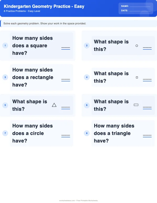 Kindergarten Geometry Worksheets - Standard Theme (Easy)