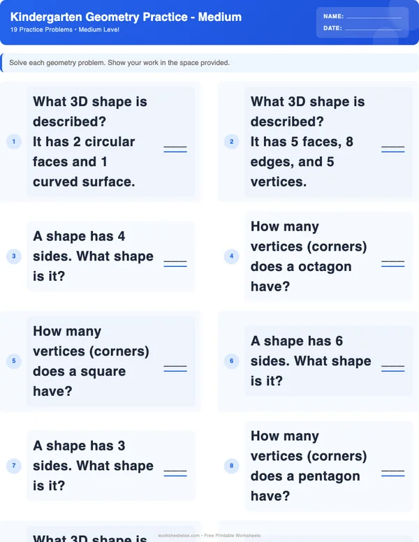 Kindergarten Geometry Worksheets - Standard Theme (Medium)
