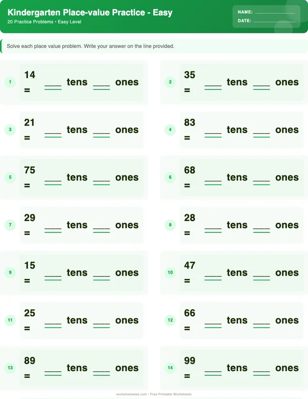 Kindergarten Place Value Worksheets - Dinosaur Theme (Easy)