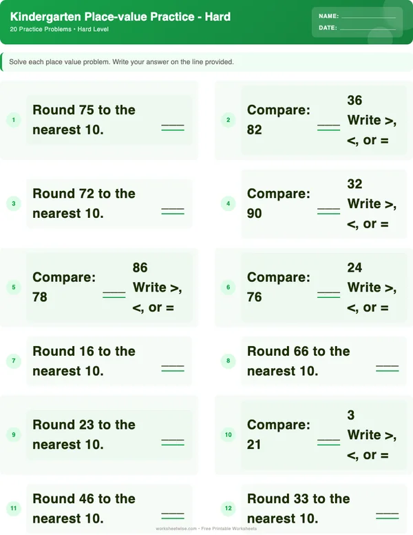 Kindergarten Place Value Worksheets - Dinosaur Theme (Hard)