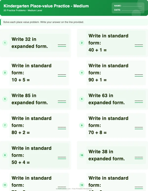 Kindergarten Place Value Worksheets - Dinosaur Theme (Medium)