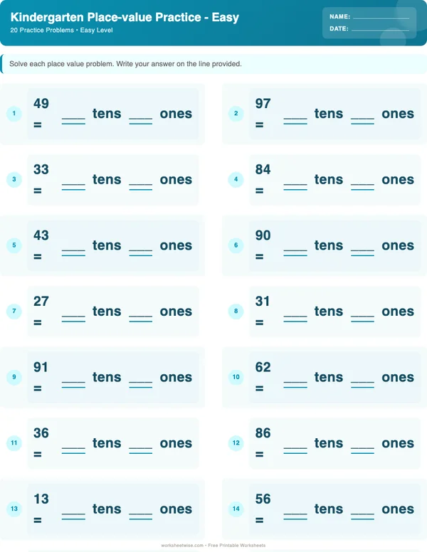 Kindergarten Place Value Worksheets - Ocean Theme (Easy)