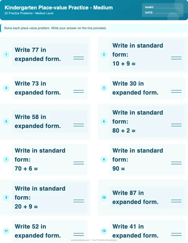 Kindergarten Place Value Worksheets - Ocean Theme (Medium)