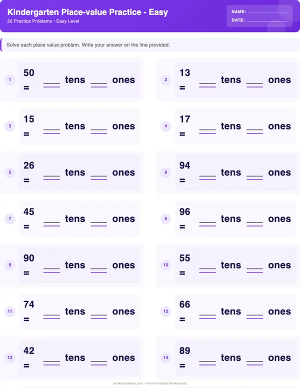 Kindergarten Place Value Worksheets - Space Theme (Easy)