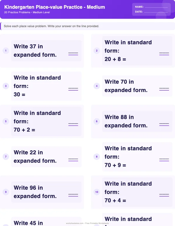 Kindergarten Place Value Worksheets - Space Theme (Medium)