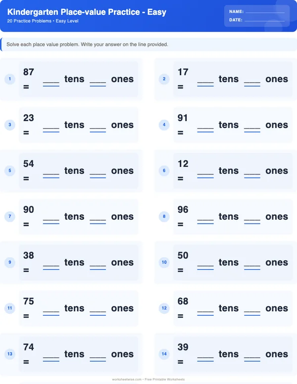 Kindergarten Place Value Worksheets - Standard Theme (Easy)