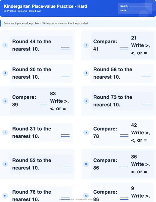 Kindergarten Place Value Worksheets - Standard Theme (Hard)
