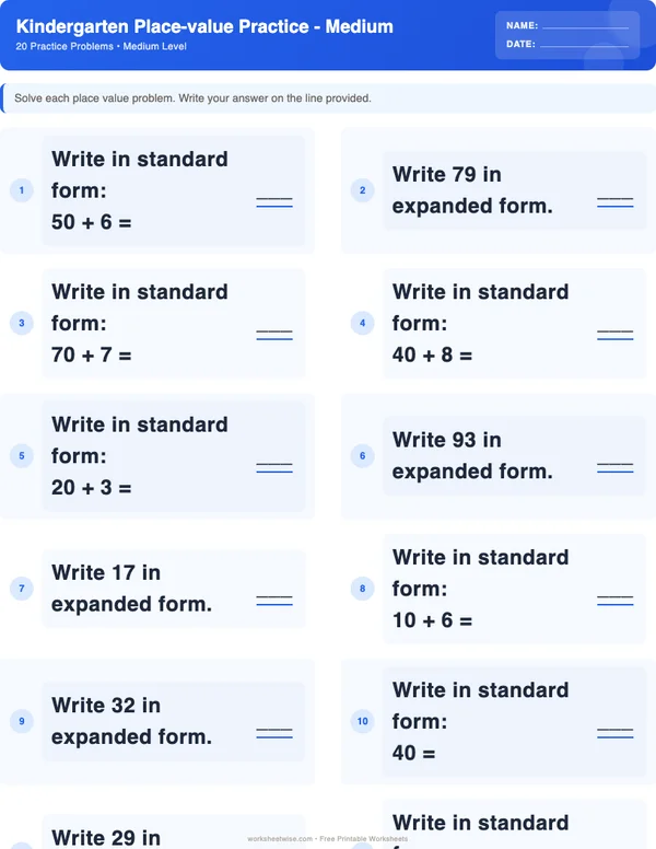 Kindergarten Place Value Worksheets - Standard Theme (Medium)